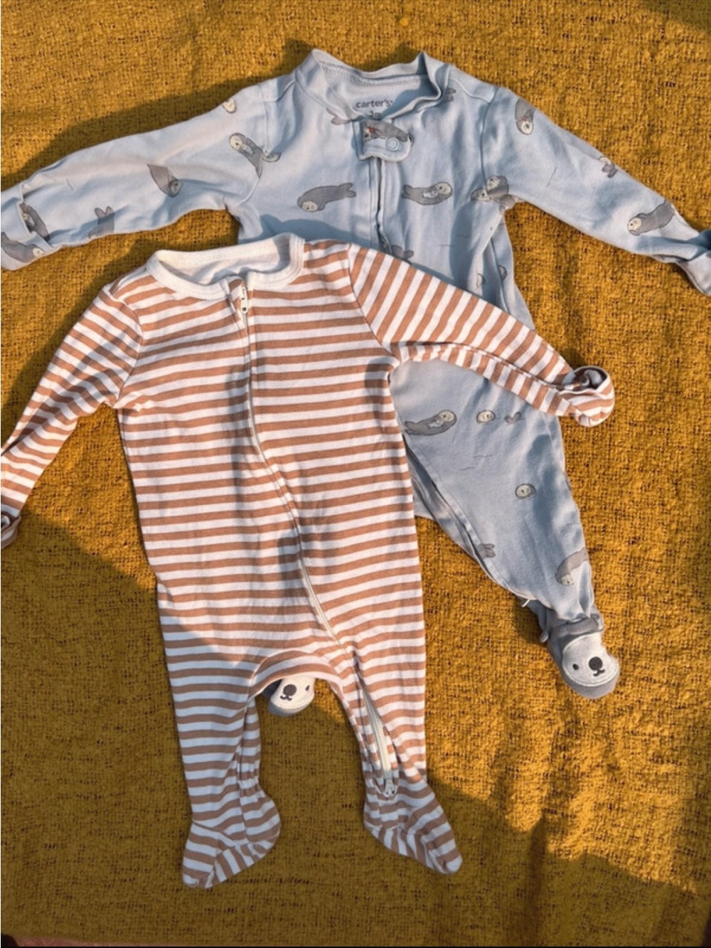 cloud island Blue Penguin Print & Brown Stripe Footed One-Pieces - 2-Pack